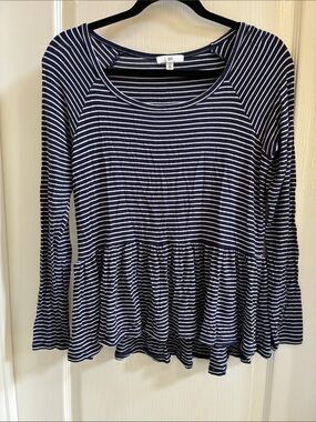 FUN-FLATTERING-FLIRTY bp Navy & White Striped Long-Sleeve Peplum Top Sz S